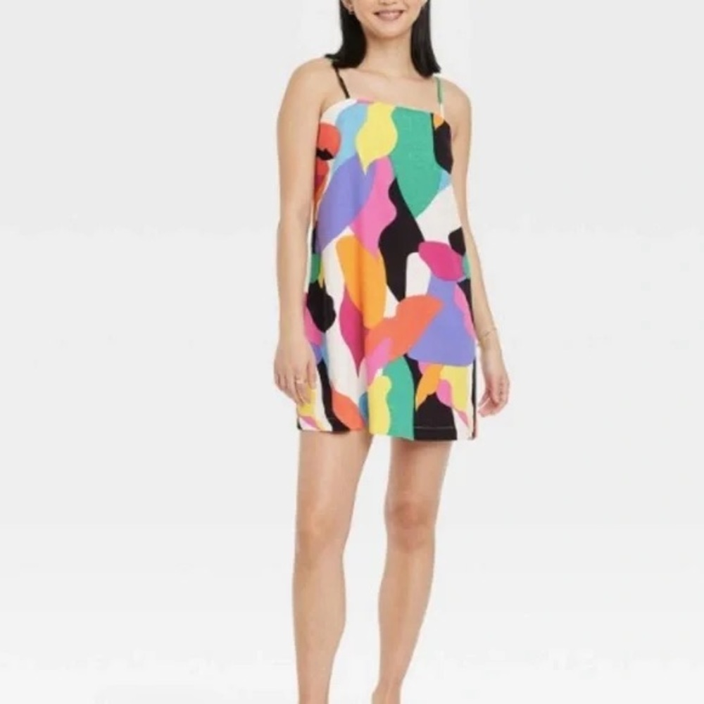 A new day Multicolor Abstract Spaghetti Strap Dress mini colorful dopamine